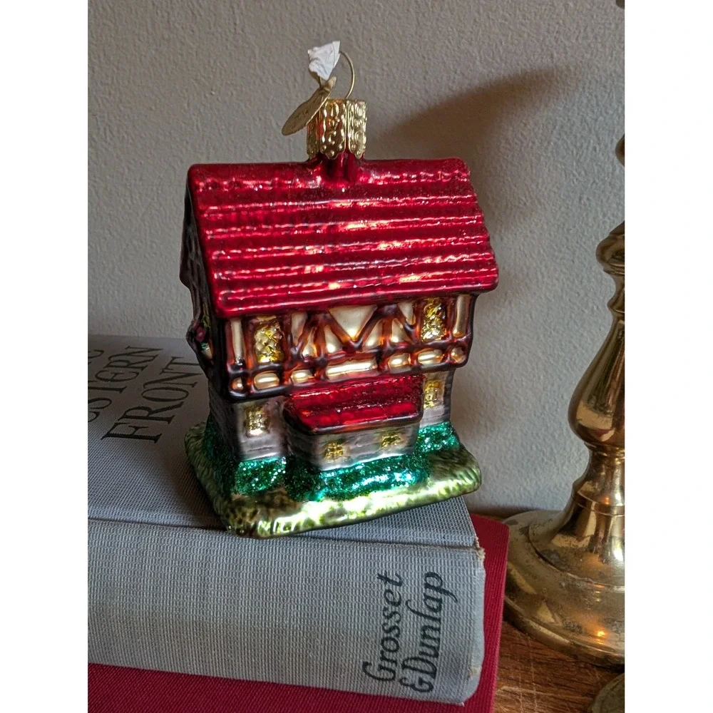 Old World Christmas Glass Ornaments Santa Claus and Tudor Cottage Set of 2